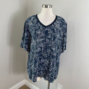 Ulla Popken Womens Plus 20/22 Navy Blue White Abstract V neck Blouse Tunic Top